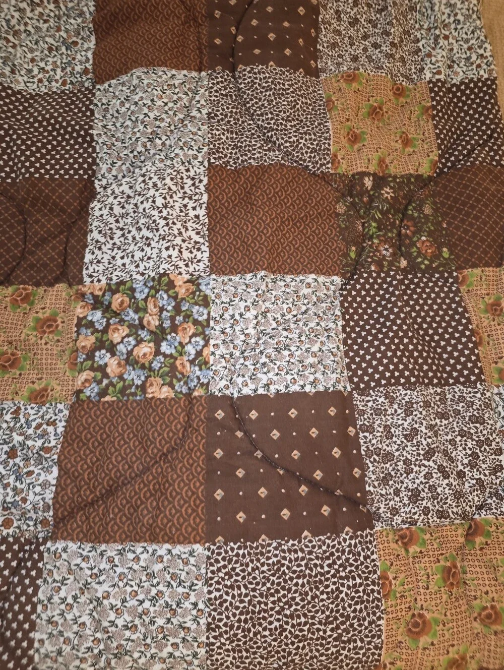Vintage 1960s 1970s Cotton Brown Quilted Patch Work Floral Sleeping Bag Blanket